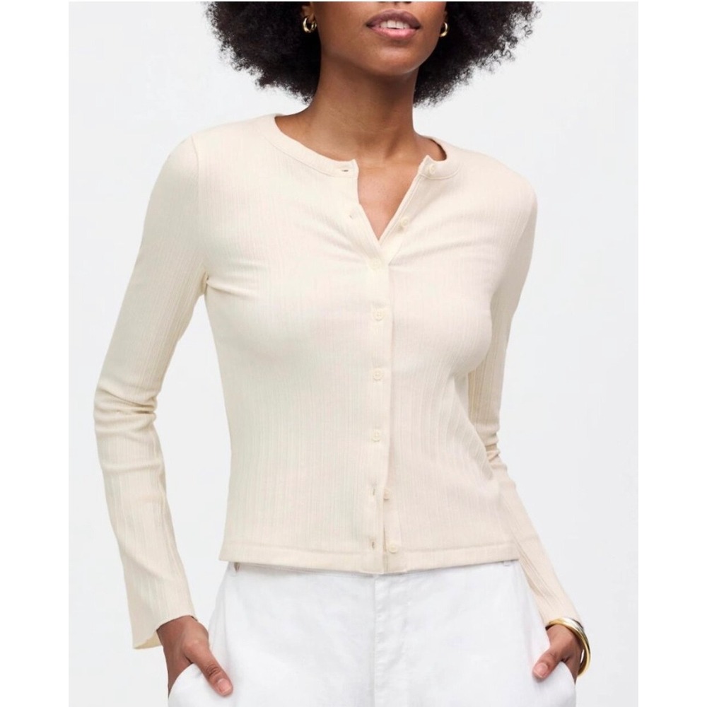 Madewell Ribbed Cardigan Small Cotton Button Front Cream Flare Sleeve Minimalist
